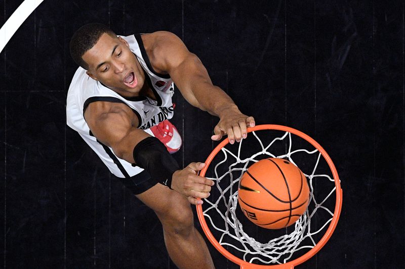 Dec 21, 2023; San Diego, California, USA; San Diego State Aztecs forward Jaedon LeDee (13) dunks the ball during the first half against the Stanford Cardinal at Viejas Arena. Mandatory Credit: Orlando Ramirez-USA TODAY Sports