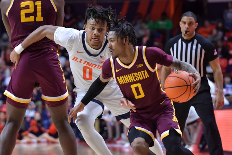 Feb 28, 2024; Champaign, Illinois, USA; Minnesota Golden Gophers guard Elijah Hawkins (0) drives the ball past Illinois Fighting Illini guard Terrence Shannon Jr. (0) during the second half at State Farm Center. Mandatory Credit: Ron Johnson-USA TODAY Sports