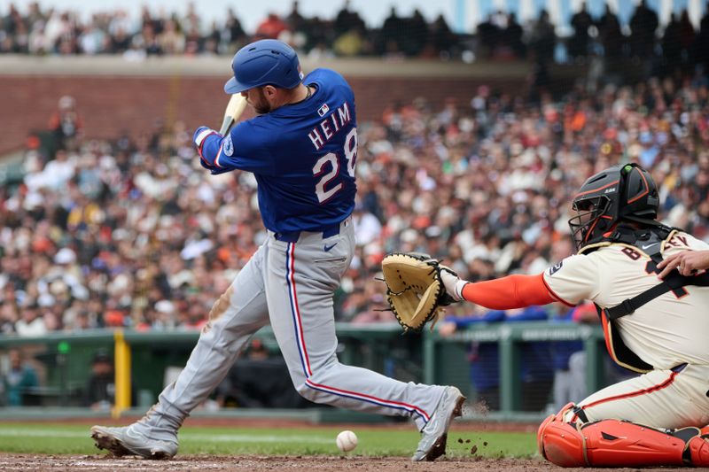 Apr 27, 2025; San Francisco, California, USA; Texas Rangers catcher Jonah Heim (28) fouls a pitch off his back foot against San Francisco Giants catcher Patrick Bailey (14) during the ninth inning at Oracle Park. Mandatory Credit: Robert Edwards-Imagn Images Apr 27, 2025; San Francisco, California, USA; Texas Rangers catcher Jonah Heim (28) fouls a pitch off his back foot against San Francisco Giants catcher Patrick Bailey (14) during the ninth inning at Oracle Park. Mandatory Credit: Robert Edwards-Imagn Images