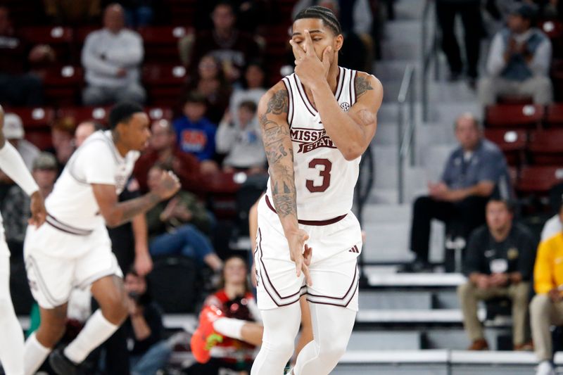 Dec 13, 2023; Starkville, Mississippi, USA; Mississippi State Bulldogs guard Shakeel Moore (3) reacts after a basket during the first half against the Murray State Racers at Humphrey Coliseum. Mandatory Credit: Petre Thomas-USA TODAY Sports