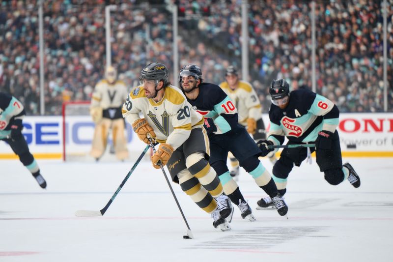 Jan 1, 2024; Seattle, Washington, USA; Vegas Golden Knights center Chandler Stephenson (20) advances the puck against the Seattle Kraken during the first period in the 2024 Winter Classic ice hockey game at T-Mobile Park. Mandatory Credit: Steven Bisig-USA TODAY Sports