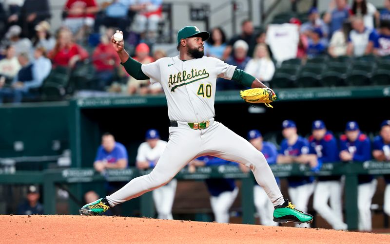 Apr 30, 2025; Arlington, Texas, USA;  Oakland Athletics starting pitcher Luis Severino (40) throws during the first inning against the Texas Rangers at Globe Life Field. Mandatory Credit: Kevin Jairaj-Imagn Images