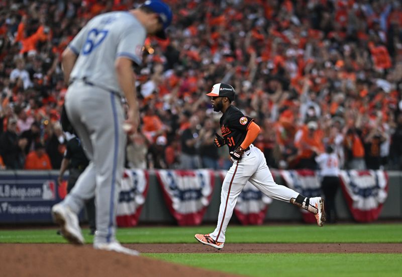 Oct 2, 2024; Baltimore, Maryland, USA; Baltimore Orioles outfielder Cedric Mullins (31) rounds the bases after hitting a solo home run against Kansas City Royals pitcher Seth Lugo (67) in the fifth inning in game two of the Wild Card round for the 2024 MLB Playoffs at Oriole Park at Camden Yards. Mandatory Credit: Tommy Gilligan-Imagn Images