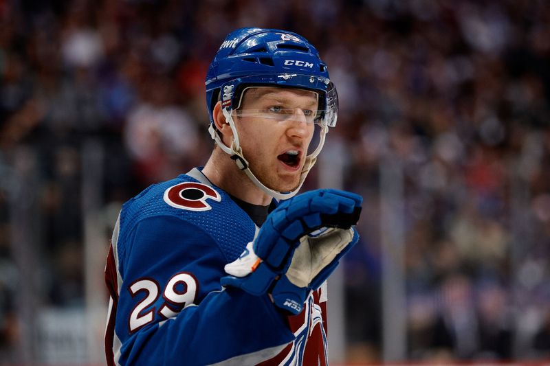 Apr 11, 2023; Denver, Colorado, USA; Colorado Avalanche center Nathan MacKinnon (29) gestures in the third period against the Edmonton Oilers at Ball Arena. Mandatory Credit: Isaiah J. Downing-USA TODAY Sports