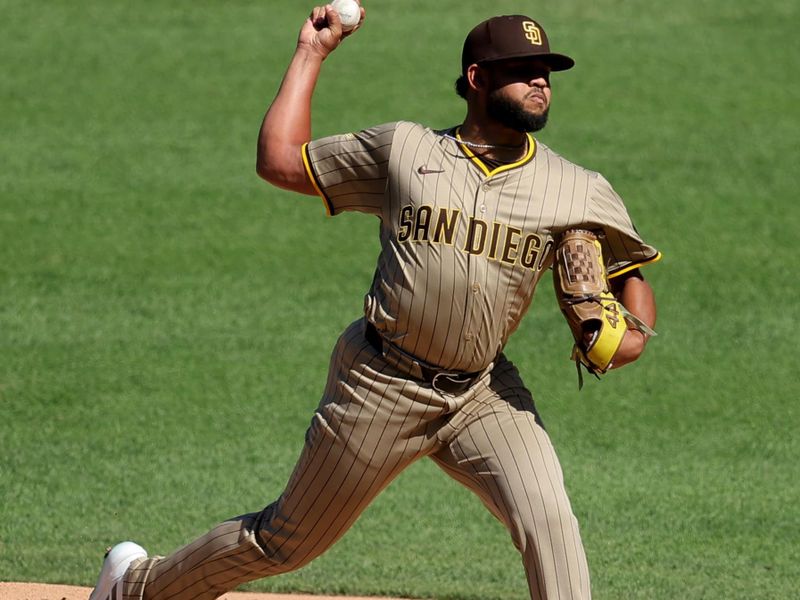 Sep 18, 2025; New York City, New York, USA; San Diego Padres starting pitcher Randy Vasquez (98) pitches against the New York Mets during the second inning at Citi Field. Mandatory Credit: Brad Penner-Imagn Images