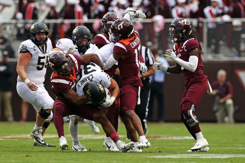 Oct 14, 2023; Blacksburg, Virginia, USA; Wake Forest Demon Deacons running back Tate Carney (30) is tackled by Virginia Tech Hokies defensive lineman Cole Nelson (17) during the second quarter  at Lane Stadium. Mandatory Credit: Peter Casey-USA TODAY Sports