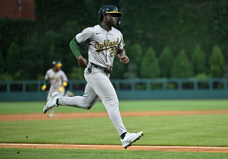 Jul 12, 2024; Philadelphia, Pennsylvania, USA; Oakland Athletics outfielder Daz Cameron (28) advances home to score against the Philadelphia Phillies in the third inning at Citizens Bank Park. Mandatory Credit: Kyle Ross-USA TODAY Sports