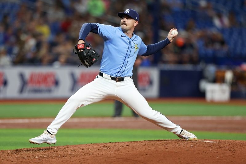 Apr 24, 2024; St. Petersburg, Florida, USA;  Tampa Bay Rays pitcher Tyler Alexander (14) throws a pitch against the Detroit Tigers in the third inning at Tropicana Field. Mandatory Credit: Nathan Ray Seebeck-USA TODAY Sports