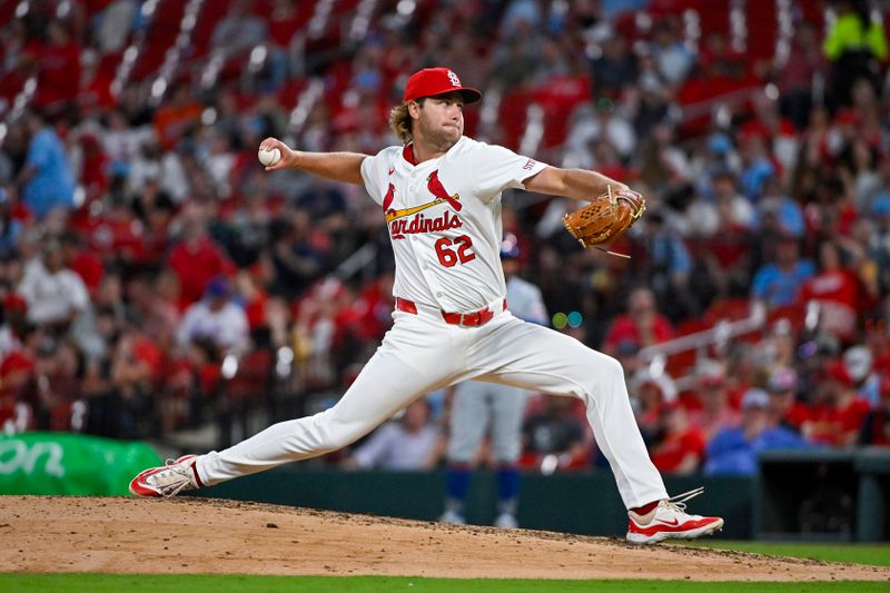 May 7, 2024; St. Louis, Missouri, USA;  St. Louis Cardinals relief pitcher Kyle Leahy (62) pitches against the New York Mets during the fifth inning at Busch Stadium. Mandatory Credit: Jeff Curry-USA TODAY Sports