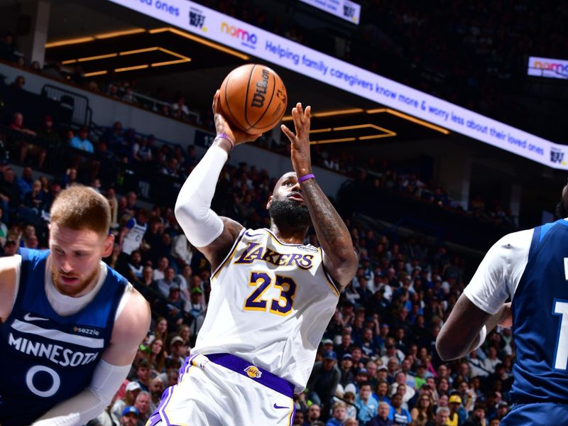 MINNEAPOLIS, MN -  APRIL 27: LeBron James #23 of the Los Angeles Lakers drives to the basket during the game against the Minnesota Timberwolves during Round 1 Game 4 of the 2025 NBA Playoffs on April 27, 2025 at Target Center in Minneapolis, Minnesota. NOTE TO USER: User expressly acknowledges and agrees that, by downloading and or using this Photograph, user is consenting to the terms and conditions of the Getty Images License Agreement. Mandatory Copyright Notice: Copyright 2025 NBAE (Photo by Barry Gossage/NBAE via Getty Images)