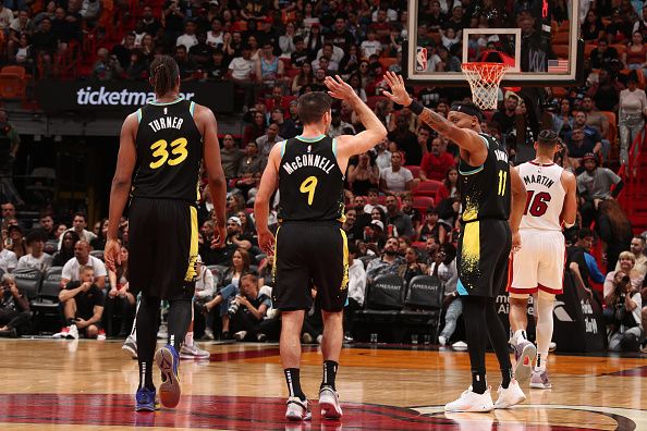 MIAMI, FL - DECEMBER 2: The Indiana Pacers celebrate during the game against the Miami Heat on December 2, 2023 at Kaseya Center in Miami, Florida. NOTE TO USER: User expressly acknowledges and agrees that, by downloading and or using this Photograph, user is consenting to the terms and conditions of the Getty Images License Agreement. Mandatory Copyright Notice: Copyright 2023 NBAE (Photo by Issac Baldizon/NBAE via Getty Images)