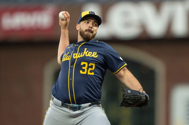 Sep 10, 2024; San Francisco, California, USA;  Milwaukee Brewers pitcher Aaron Civale (32) pitches during the first inning against the San Francisco Giants at Oracle Park. Mandatory Credit: Stan Szeto-Imagn Images