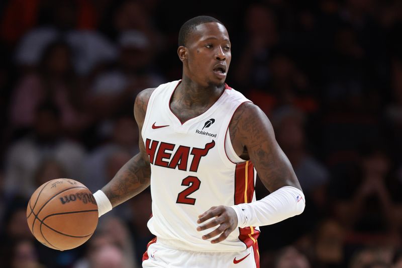 MIAMI, FLORIDA - OCTOBER 28: Terry Rozier #2 of the Miami Heat controls the ball against the Detroit Pistons during the second half at Kaseya Center on October 28, 2024 in Miami, Florida. NOTE TO USER: User expressly acknowledges and agrees that, by downloading and or using this photograph, User is consenting to the terms and conditions of the Getty Images License Agreement. (Photo by Carmen Mandato/Getty Images)