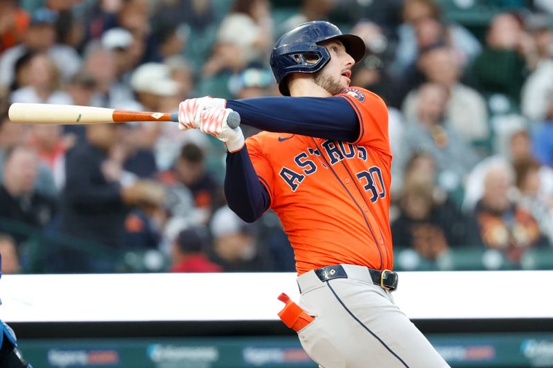 May 10, 2024; Detroit, Michigan, USA;  Houston Astros right fielder Kyle Tucker (30) hits a home run in the sixth inning against the Detroit Tigers at Comerica Park. Mandatory Credit: Rick Osentoski-USA TODAY Sports