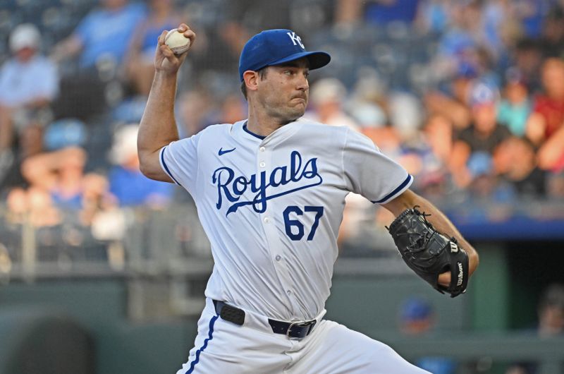 Jun 25, 2024; Kansas City, Missouri, USA; Kansas City Royals starting pitcher Seth Lugo (67) pitches in the first inning against the Miami Marlins at Kauffman Stadium. Mandatory Credit: Peter Aiken-USA TODAY Sports