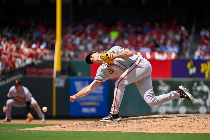 Jun 14, 2023; St. Louis, Missouri, USA;  San Francisco Giants relief pitcher Tyler Rogers (71) pitches against the St. Louis Cardinals during the ninth inning at Busch Stadium. Mandatory Credit: Jeff Curry-USA TODAY Sports