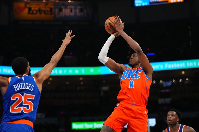 OKLAHOMA CITY, OK - JANUARY 3:  Jalen Williams #8 of the Oklahoma City Thunder shoots the ball during the game against the New York Knicks on January 3, 2025 at Paycom Center in Oklahoma City, Oklahoma. NOTE TO USER: User expressly acknowledges and agrees that, by downloading and or using this photograph, User is consenting to the terms and conditions of the Getty Images License Agreement. Mandatory Copyright Notice: Copyright 2025 NBAE (Photo by Cooper Neill/NBAE via Getty Images)