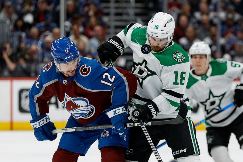 May 13, 2024; Denver, Colorado, USA; Colorado Avalanche right wing Brandon Duhaime (12) and Dallas Stars center Sam Steel (18) battle for the puck in the first period in game four of the second round of the 2024 Stanley Cup Playoffs at Ball Arena. Mandatory Credit: Isaiah J. Downing-USA TODAY Sports