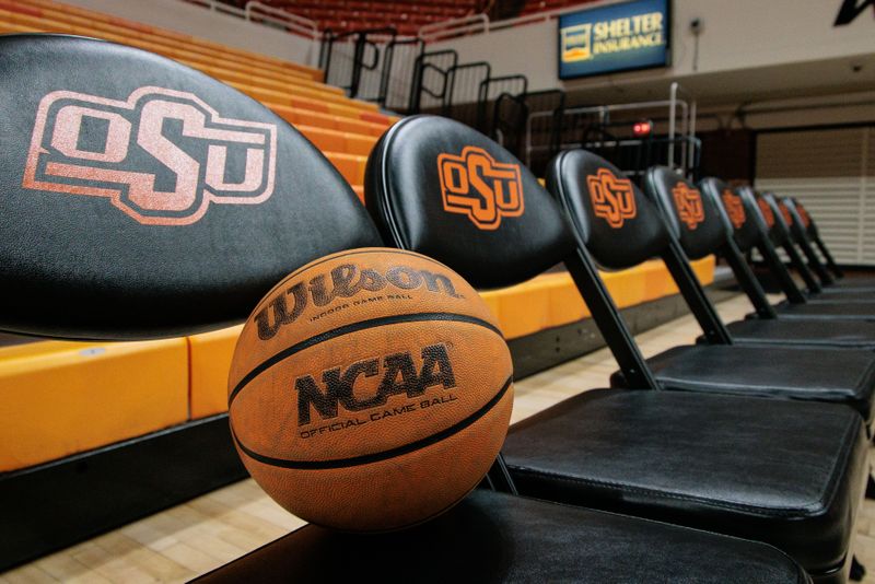 Jan 6, 2024; Stillwater, Oklahoma, USA; Basketball sits on the Oklahoma State Cowboys bench prior to the game against the Baylor Bears at Gallagher-Iba Arena. Mandatory Credit: William Purnell-USA TODAY Sports