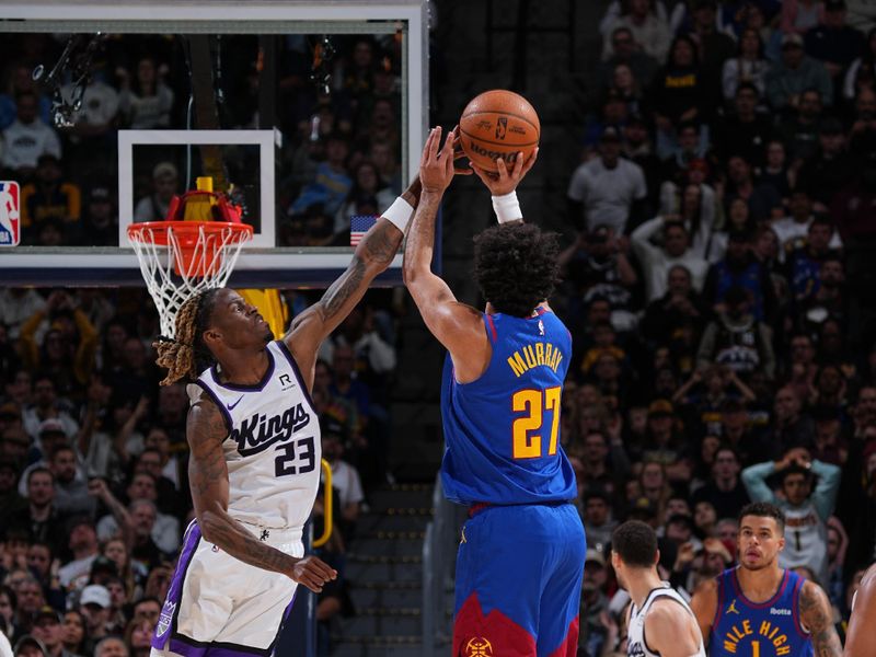 DENVER, CO - MARCH 5:  Jamal Murray #27 of the Denver Nuggets shoots a three point basket during the game against the Sacramento Kings on March 5, 2025 at Ball Arena in Denver, Colorado. NOTE TO USER: User expressly acknowledges and agrees that, by downloading and/or using this Photograph, user is consenting to the terms and conditions of the Getty Images License Agreement. Mandatory Copyright Notice: Copyright 2025 NBAE (Photo by Garrett Ellwood/NBAE via Getty Images)