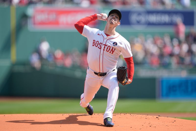 Apr 21, 2025; Boston, Massachusetts, USA; Boston Red Sox pitcher Walker Buehler (0) delivers a pitch against the Chicago White Sox  during the first inning at Fenway Park. Mandatory Credit: Gregory Fisher-Imagn Images