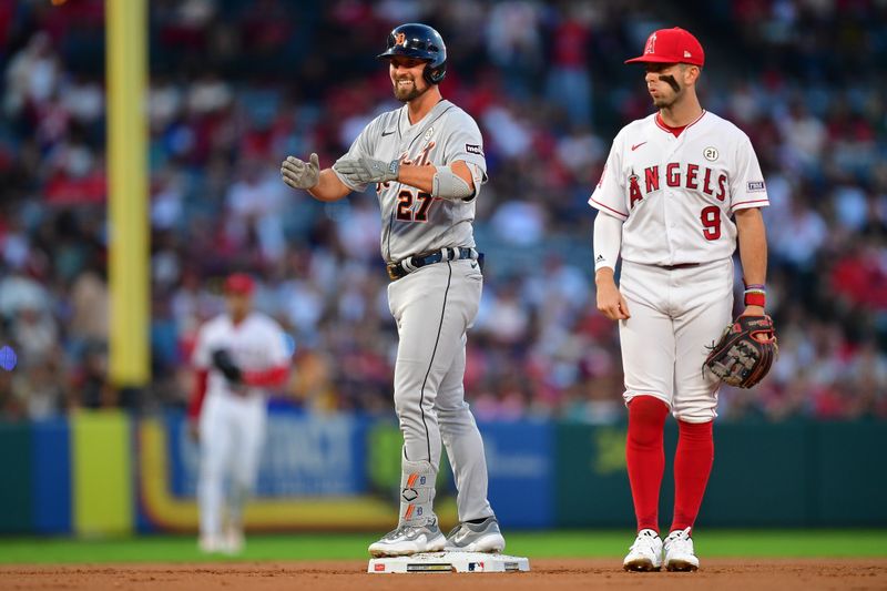 Sep 15, 2023; Anaheim, California, USA; Detroit Tigers third baseman Andre Lipcius (27) reacts after hitting an RBI double against the Los Angeles Angels during the first inning at Angel Stadium. Mandatory Credit: Gary A. Vasquez-USA TODAY Sports