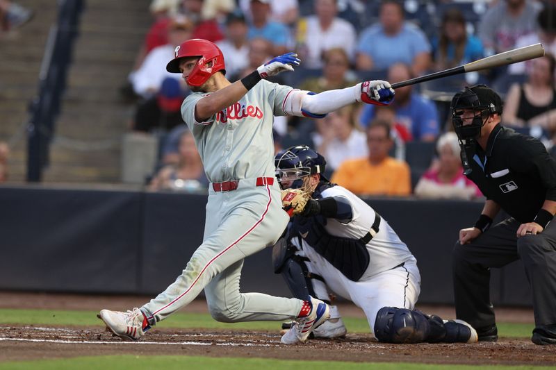 May 7, 2025; Tampa, Florida, USA; Philadelphia Phillies shortstop Trea Turner (7) hits a solo home run against the Tampa Bay Rays in the third inning at George M. Steinbrenner Field. Mandatory Credit: Nathan Ray Seebeck-Imagn Images