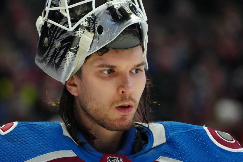 Jan 24, 2023; Denver, Colorado, USA; Colorado Avalanche goaltender Alexandar Georgiev (40) during a time out in the third period against the Washington Capitals at Ball Arena. Mandatory Credit: Ron Chenoy-USA TODAY Sports