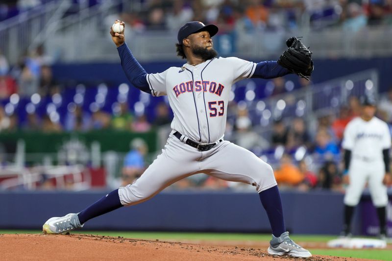Aug 15, 2023; Miami, Florida, USA; Houston Astros starting pitcher Cristian Javier (53) delivers a pitch against the Miami Marlins during the first inning at loanDepot Park. Mandatory Credit: Sam Navarro-USA TODAY Sports