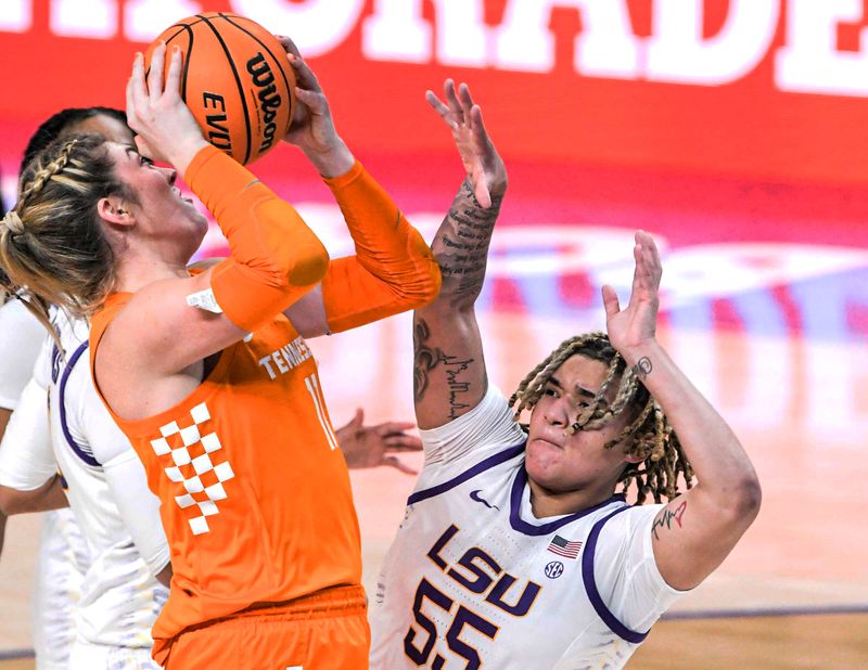 Mar 4, 2023; Greenville, SC, USA; Tennessee forward Caroline Striplin (11) shoots against LSU guard Kateri Poole (55) during the second quarter  at Bon Secours Wellness Arena. Mandatory Credit: Ken Ruinard-USA TODAY Sports