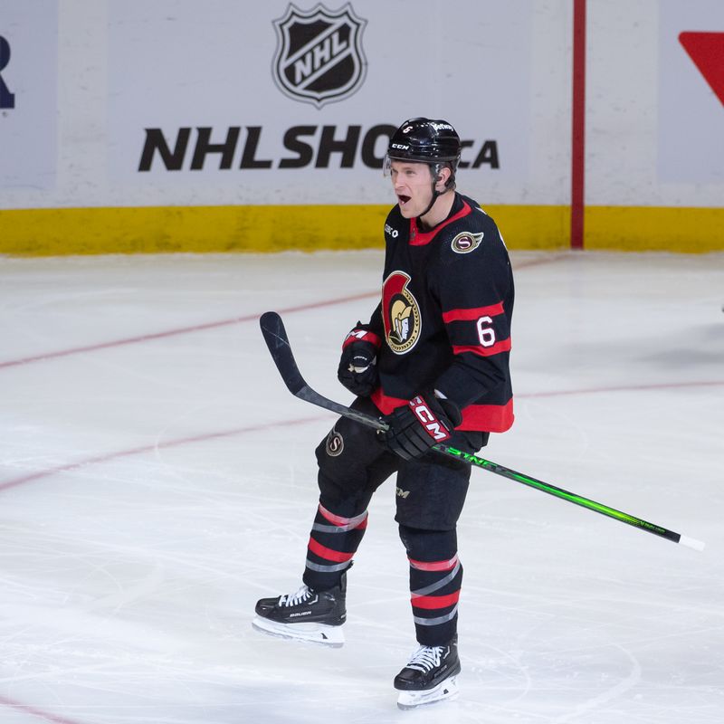 Mar 24, 2024; Ottawa, Ontario, CAN; Ottawa Senators defenseman Jakob Chychrun (6) celebrates his goal scored in the third period against the Edmonton Oilers in the third period at the Canadian Tire Centre. Mandatory Credit: Marc DesRosiers-USA TODAY Sports