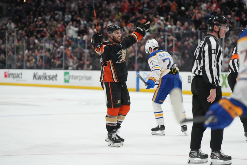 Feb 15, 2023; Anaheim, California, USA; Anaheim Ducks defenseman Kevin Shattenkirk (22) celebrates after a goal against the Buffalo Sabres in the second period  at Honda Center. Mandatory Credit: Kirby Lee-USA TODAY Sports