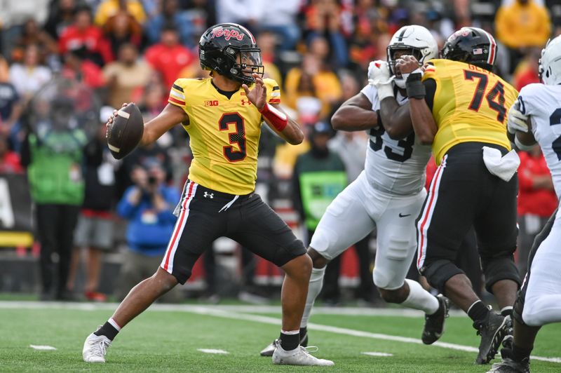 Nov 4, 2023; College Park, Maryland, USA; Maryland Terrapins quarterback Taulia Tagovailoa (3) looks to through during the first half Penn State Nittany Lions  at SECU Stadium. Mandatory Credit: Tommy Gilligan-USA TODAY Sports