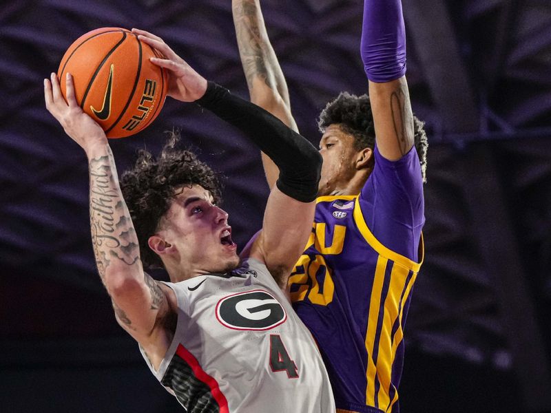 Feb 14, 2023; Athens, Georgia, USA; Georgia Bulldogs guard Jusaun Holt (4) shoots defended by LSU Tigers forward Derek Fountain (20) during the second half at Stegeman Coliseum. Mandatory Credit: Dale Zanine-USA TODAY Sports