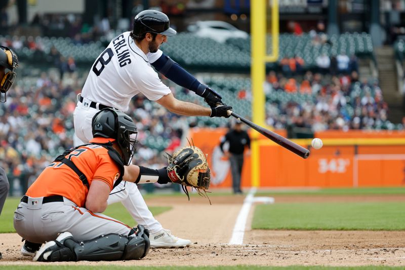 Apr 29, 2023; Detroit, Michigan, USA;  Detroit Tigers right fielder Matt Vierling (8) hits a two RBI single in the first inning against the Baltimore Orioles at Comerica Park. Mandatory Credit: Rick Osentoski-USA TODAY Sports