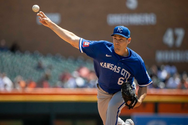 Apr 26, 2024; Detroit, Michigan, USA; Kansas City Royals pitcher Seth Lugo (67) throws in the first inning against the Detroit Tigers at Comerica Park. Mandatory Credit: David Reginek-USA TODAY Sports