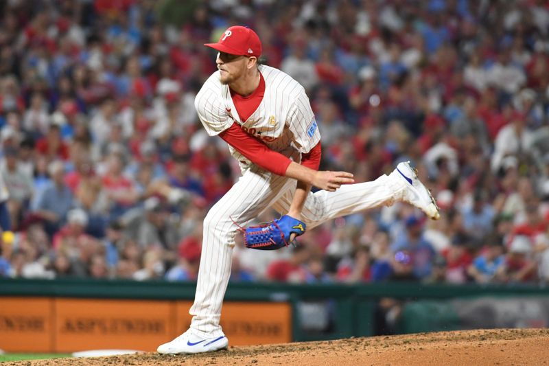 Sep 1, 2024; Philadelphia, Pennsylvania, USA; Philadelphia Phillies pitcher Jeff Hoffman (23) throws a pitch during the eighth inning against the Atlanta Braves at Citizens Bank Park. Mandatory Credit: Eric Hartline-USA TODAY Sports