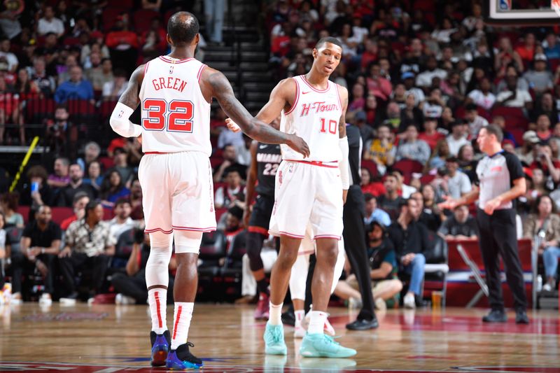 HOUSTON, TX - APRIL 5: Jeff Green #32 and Jabari Smith Jr. #10 of the Houston Rockets high five during the game against the Miami Heat on April 5, 2024 at the Toyota Center in Houston, Texas. NOTE TO USER: User expressly acknowledges and agrees that, by downloading and or using this photograph, User is consenting to the terms and conditions of the Getty Images License Agreement. Mandatory Copyright Notice: Copyright 2024 NBAE (Photo by Logan Riely/NBAE via Getty Images)