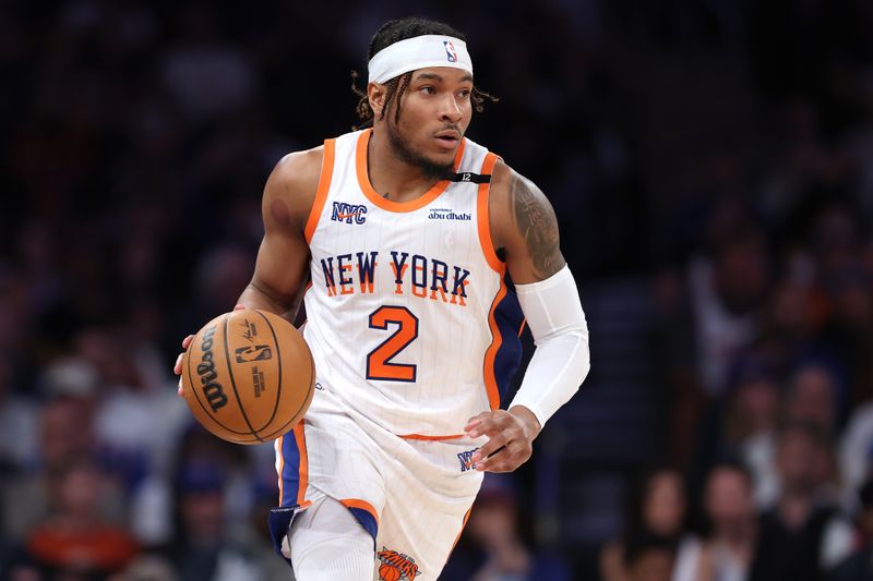 NEW YORK, NEW YORK - APRIL 29: Miles McBride #2 of the New York Knicks dribbles during the second quarter in Game Five of the Eastern Conference First Round NBA Playoffs against the Detroit Pistons at Madison Square Garden on April 29, 2025 in New York City. NOTE TO USER: User expressly acknowledges and agrees that, by downloading and or using this photograph, User is consenting to the terms and conditions of the Getty Images License Agreement. (Photo by Sarah Stier/Getty Images)