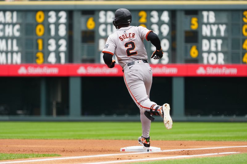 Jul 21, 2024; Denver, Colorado, USA; San Francisco Giants designated hitter Jorge Soler (2) runs off a solo home run in the first inning against the Colorado Rockies at Coors Field. Mandatory Credit: Ron Chenoy-USA TODAY Sports