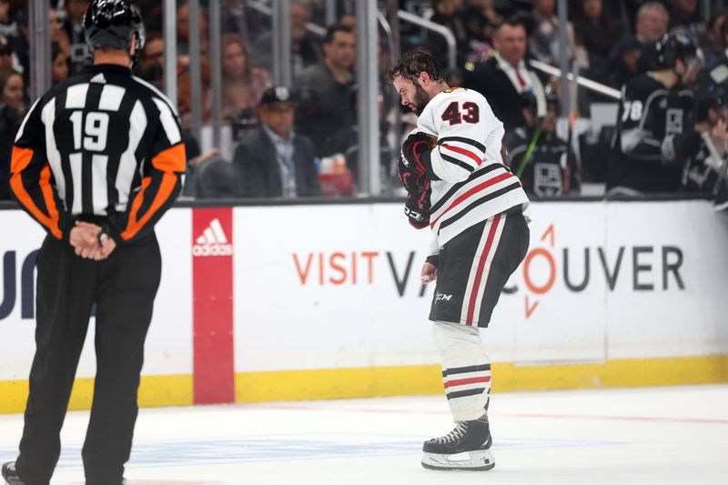 Mar 19, 2024; Los Angeles, California, USA;  Chicago Blackhawks center Colin Blackwell (43) skates off the ice after getting a hit during the third period against the Los Angeles Kings at Crypto.com Arena. Mandatory Credit: Kiyoshi Mio-USA TODAY Sports