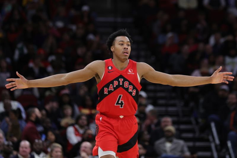 HOUSTON, TEXAS - FEBRUARY 03: Scottie Barnes #4 of the Toronto Raptors reacts against the Houston Rockets during the second half at Toyota Center on February 03, 2023 in Houston, Texas. NOTE TO USER: User expressly acknowledges and agrees that, by downloading and or using this photograph, User is consenting to the terms and conditions of the Getty Images License Agreement. (Photo by Carmen Mandato/Getty Images)