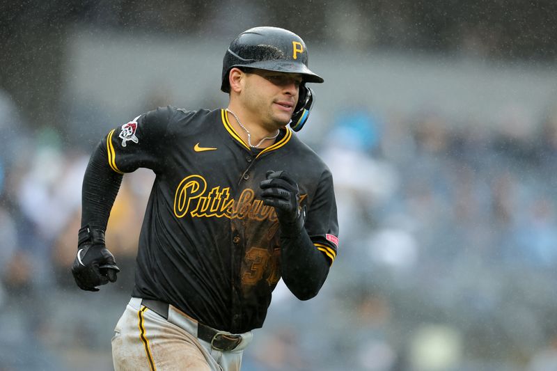 Sep 28, 2024; Bronx, New York, USA; Pittsburgh Pirates second baseman Nick Yorke (38) rounds the bases after hitting a two run home run against the New York Yankees during the ninth inning at Yankee Stadium. Mandatory Credit: Brad Penner-Imagn Images