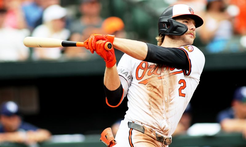 Jun 2, 2024; Baltimore, Maryland, USA; Baltimore Orioles shortstop Gunnar Henderson (2) swings during the third inning against the Tampa Bay Rays at Oriole Park at Camden Yards. Mandatory Credit: Daniel Kucin Jr.-USA TODAY Sports