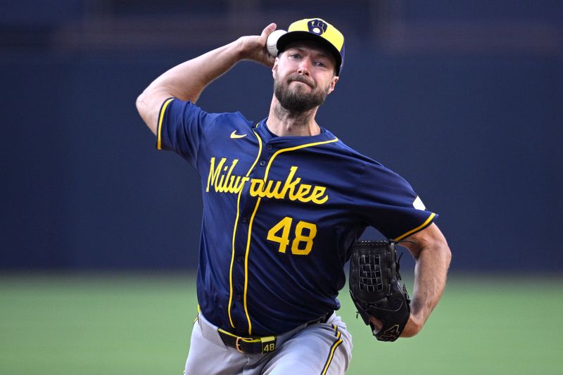 Jun 21, 2024; San Diego, California, USA; Milwaukee Brewers starting pitcher Colin Rea (48) pitches against the San Diego Padres during the first inning at Petco Park. Mandatory Credit: Orlando Ramirez-USA TODAY Sports