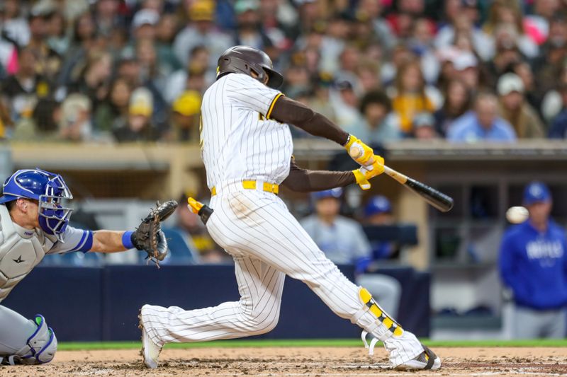 May 16, 2023; San Diego, California, USA; San Diego Padres left fielder Juan Soto (22) hits a double during the fourth inning at Petco Park. Mandatory Credit: David Frerker-USA TODAY Sports