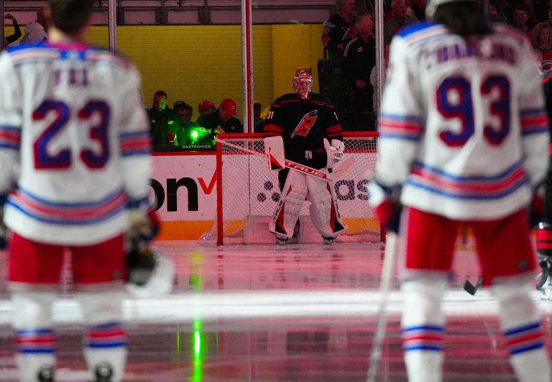 May 16, 2024; Raleigh, North Carolina, USA; Carolina Hurricanes goaltender Frederik Andersen (31) looks on before the game against the New York Rangers in game six of the second round of the 2024 Stanley Cup Playoffs at PNC Arena. Mandatory Credit: James Guillory-USA TODAY Sports