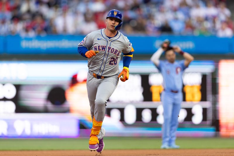 May 16, 2024; Philadelphia, Pennsylvania, USA; New York Mets first base Pete Alonso (20) runs the bases after solo hitting a home run during the first inning against the Philadelphia Phillies at Citizens Bank Park. Mandatory Credit: Bill Streicher-USA TODAY Sports