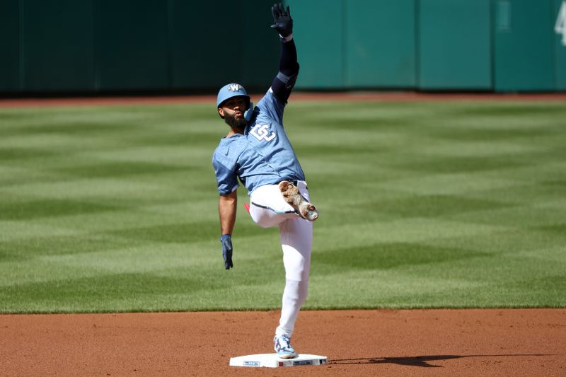 May 24, 2025; Washington, District of Columbia, USA; Washington Nationals third baseman Amed Rosario (13) celebrates after hitting a double during the first inning against the San Francisco Giants at Nationals Park. Mandatory Credit: Daniel Kucin Jr.-Imagn Images