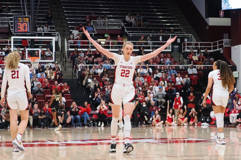 Jan 22, 2023; Stanford, California, USA; Stanford Cardinal forward Cameron Brink (22) gestures after a teammate   s basket against the Colorado Buffaloes during the second quarter at Maples Pavilion. Mandatory Credit: Kelley L Cox-USA TODAY Sports